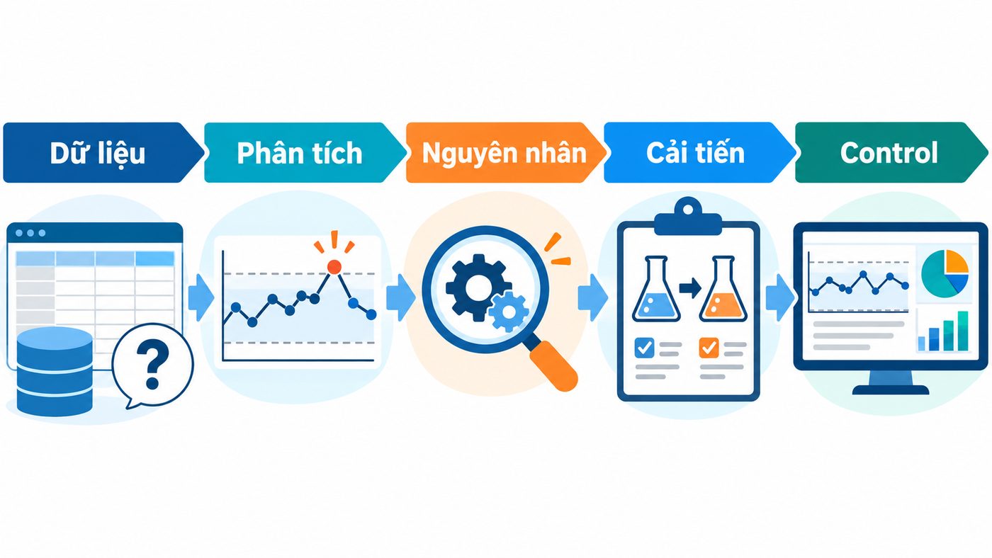 Luồng chuyển dữ liệu thành phân tích nguyên nhân và hành động cải tiến Six Sigma